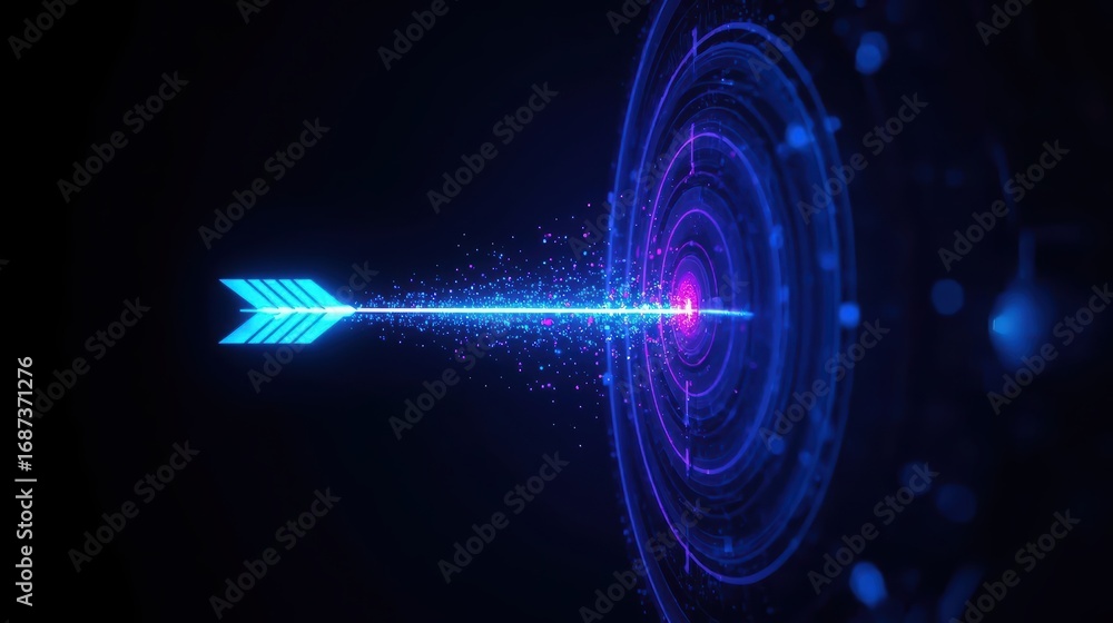 Poster an arrow of vibrant blue light strikes the center of a surrounded by concentric circles and sparklin