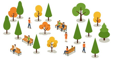 Isometric park scene with people and autumn trees in flat design