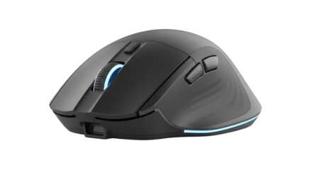 Close-up of a dark gray wireless gaming mouse with blue lighting on transparent background