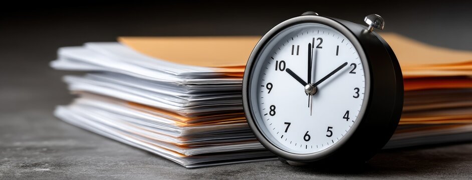 Deadline pressure mounts with a clock beside a stack of paperwork on a wooden table in a busy office environment