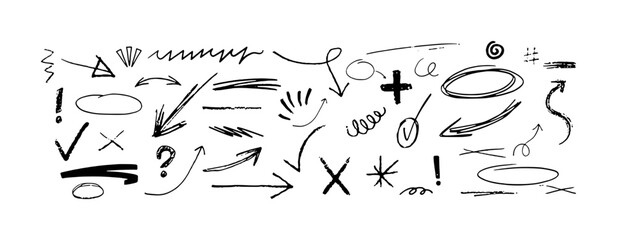 Collection of Hand-Drawn Black and White Doodle Elements: Arrows, Checks, Exes, and More
