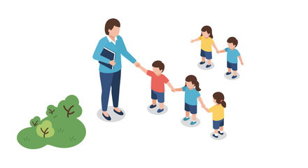 Isometric teacher leading children outdoors in educational activity setting
