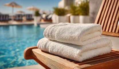 Stacked white towels on a wooden chair by a pool. Blurred background of a sunny, outdoor hotel scene with lounge chairs