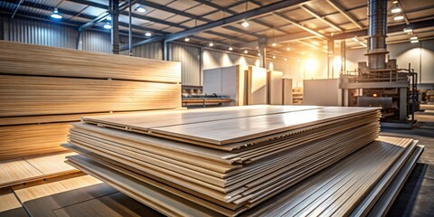 Warehouse Inventory of Stacked Light Wood Panels for Construction and Manufacturing