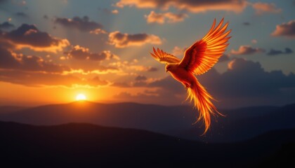 create a striking image of a phoenix firebird soaring into the sky as the sun sets, the phoenix should be positioned on the right side of the image