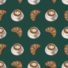 Seamless cappuccino and croissant pattern on dark green background