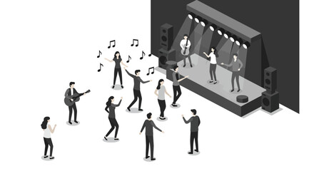 Isometric concert: people dancing and performing on stage in monochrome style