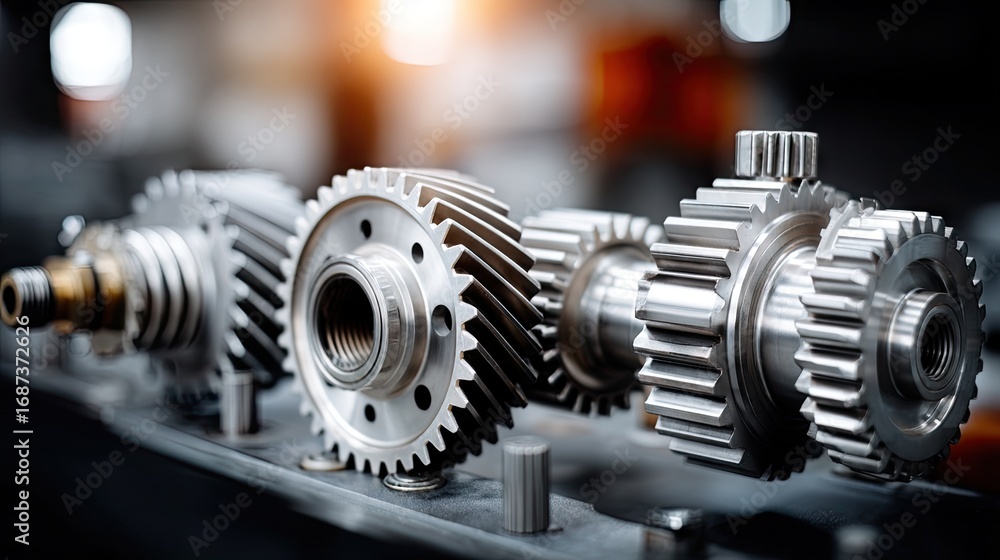 Poster precision manufactured gears display in a workshop setting showcasing intricate designs and craftsma