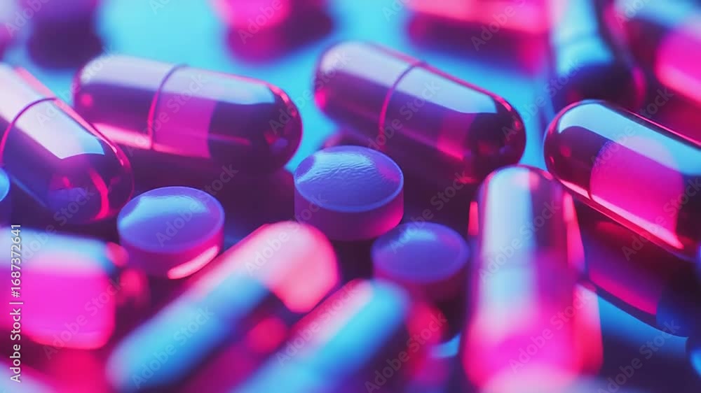 Poster pink and blue capsules creating a colorful pattern on reflective surface