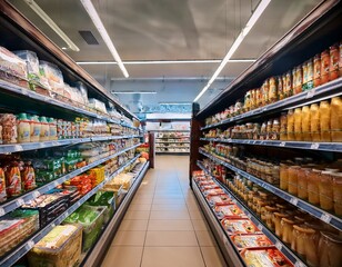 grocery store shelves stocked with various packaged food items colorful diverse selection