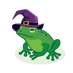 Frog with a witch hat vector illustration. Green frog in a purple witch hat icon isolated on white background. Halloween frog design element in cartoon style