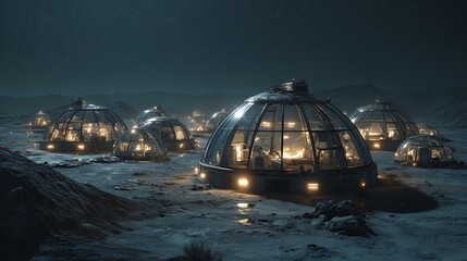 Futuristic domes glow under starry sky on alien planet