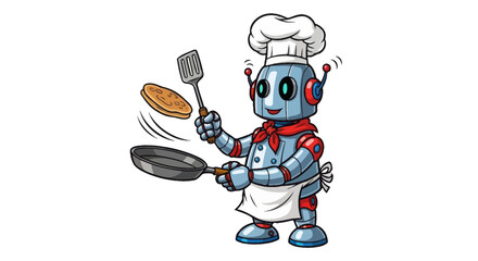 A cheerful cartoon robot chef wearing a toque and apron, skillfully flipping a pancake with a spatula and pan.