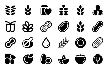 Collection of Food and Ingredient Icons: Grains, Nuts, Fruits, and More