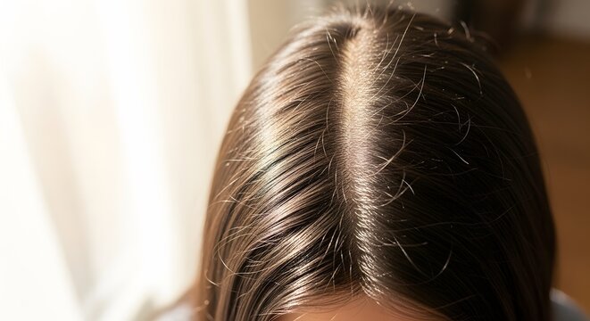 Close-up View of a Person's Head Showcasing Their Hair Part and Brown Hair Texture in Natural Light