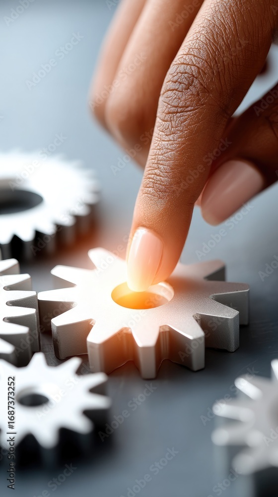 Poster hand manipulating metallic gear on a smooth surface with glowing center, symbolizing innovation and 