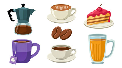 In the top left, a black moka pot with a glass chamber containing dark coffee.