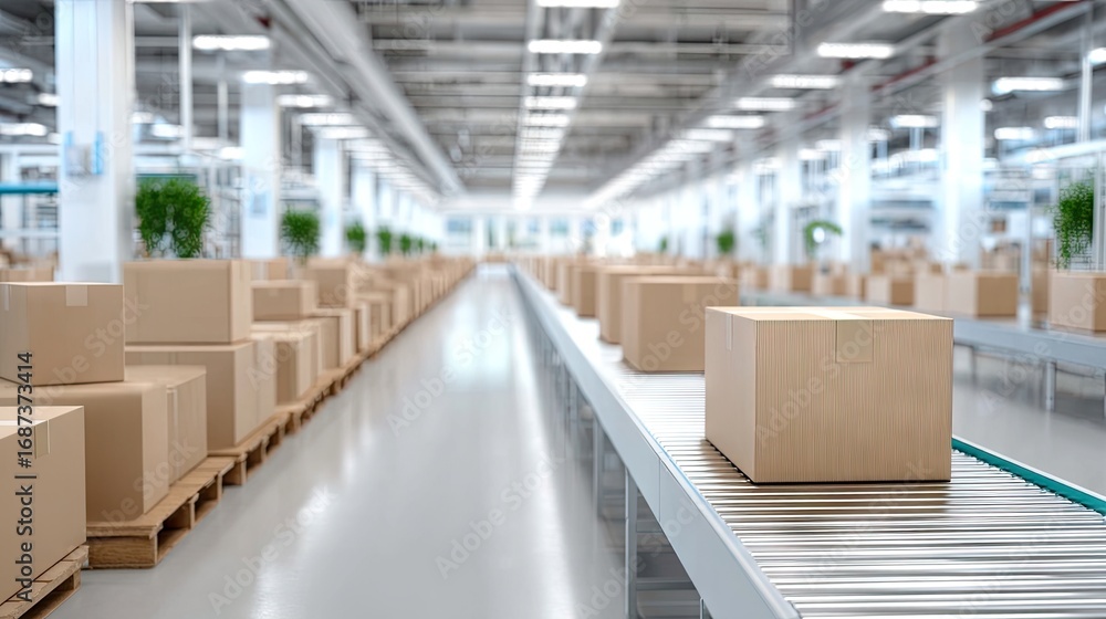Poster efficient packaging and distribution process in a modern warehouse with organized conveyor system an