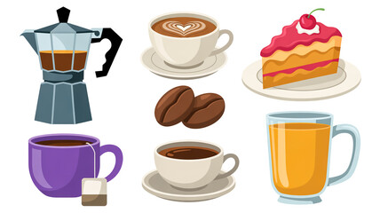 In the top left, a black moka pot with a glass chamber containing dark coffee.