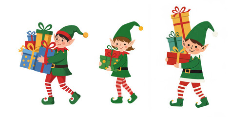 Three elves carrying presents isolated on white background  