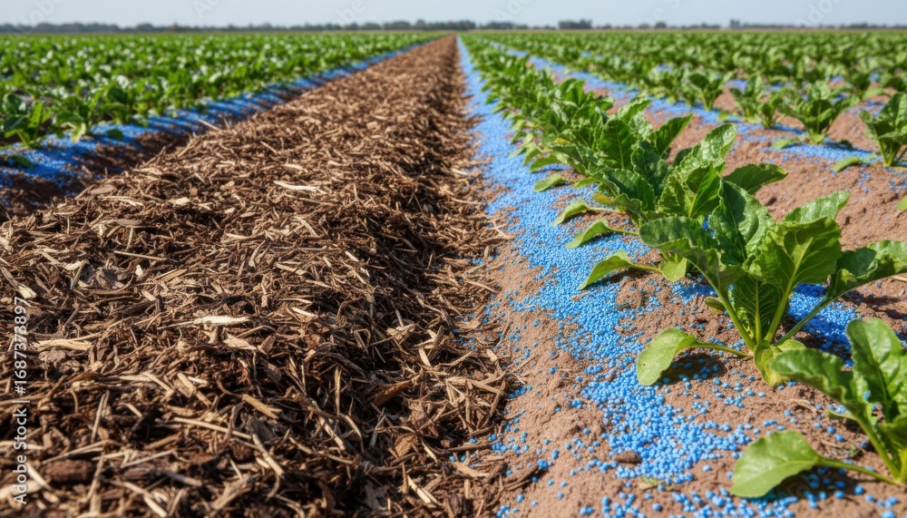 Poster medium shot capturing the contrast between organic mulch and synthetic fertilizer application on adj