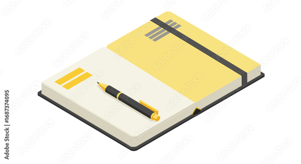 Poster open notebook with pen in isometric style on white background