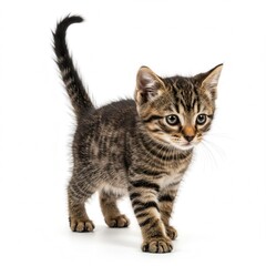 Fototapeta premium Cute tabby kitten walking isolated on white background