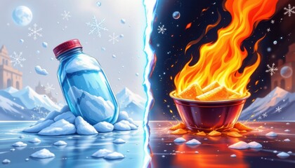 create an image in the style of manga anime featuring a hot and cold theme, the illustration should be centered with the hot item on the right and the cold item on the left