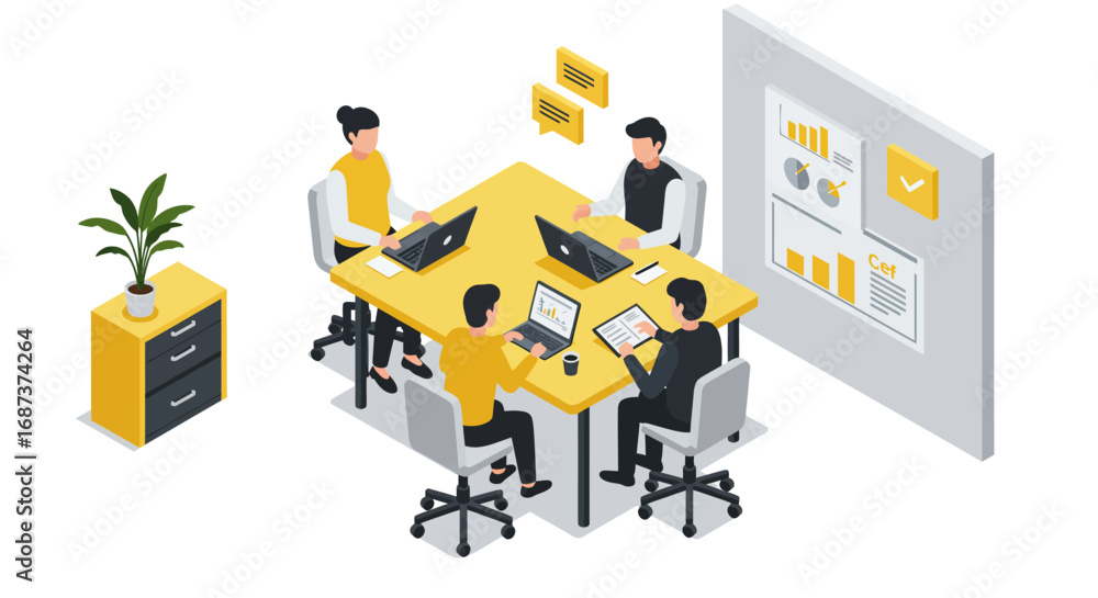 Poster collaborative team meeting in modern office setting with isometric design