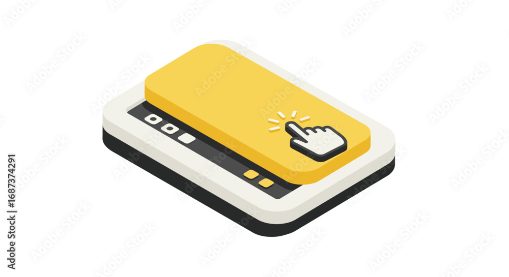 Poster isometric touch button with cursor icon on card design