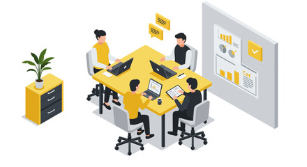 Obraz premium Collaborative team meeting in modern office setting with isometric design