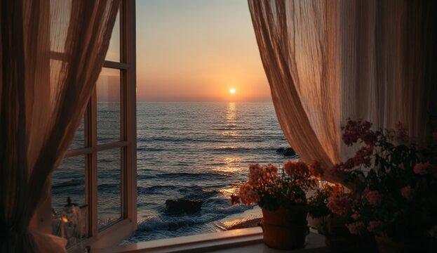 Fototapeta A sunlit sunset seen through a window, overlooking a calm ocean, with flowers on the sill and billowing curtains