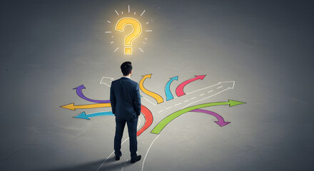 Businessman at Crossroads Facing Multiple Paths and Decisions