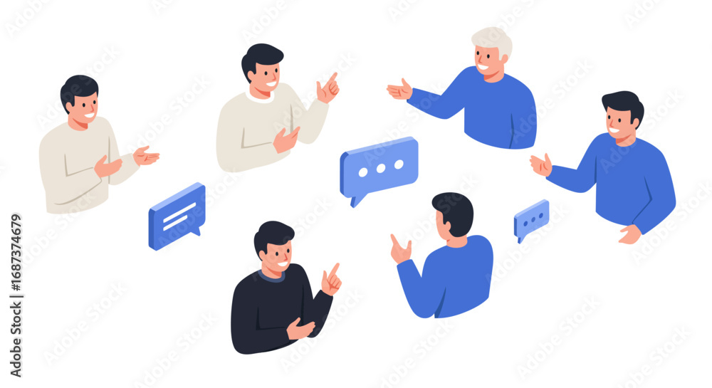 Poster collaborative team discussion with diverse characters in isometric style