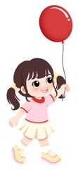 A joyful and adorable cartoon girl with charming pigtails playfully skips along, holding a vibrant red balloon, embodying the carefree happiness and innocence of childhood