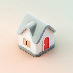 3D cartoon house icon with red door