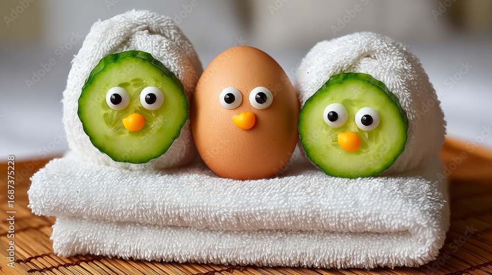 Poster three pieces of cucumber with two eggs on top of them. the cucumbers are cut into small pieces and t