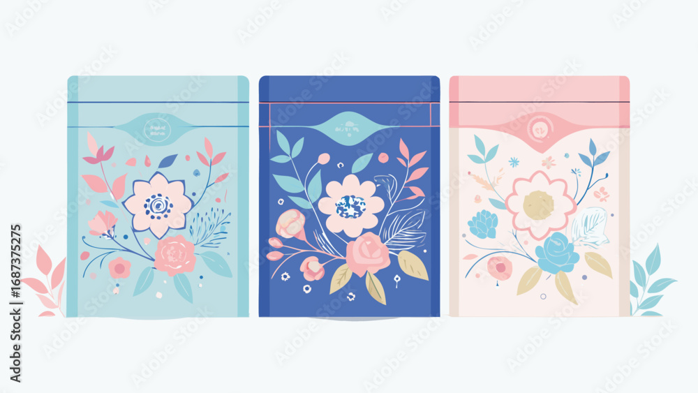 Poster four distinct floral patterns displayed in various colors, showcasing vibrant designs and intricate 