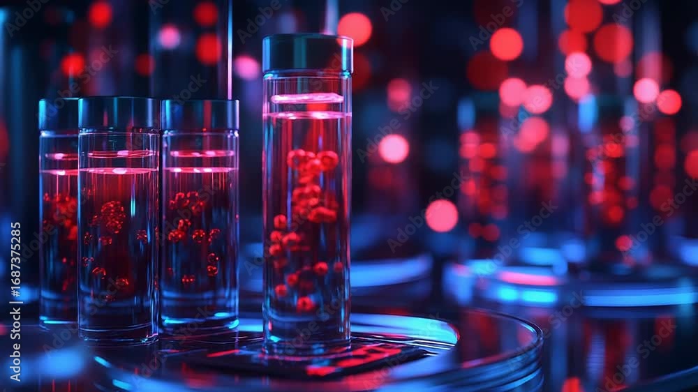 Poster laboratory experiment showing bubbling red liquid in test tubes