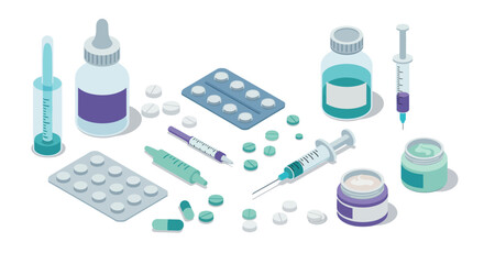 Isometric medical supplies and pharmaceuticals collection on white background