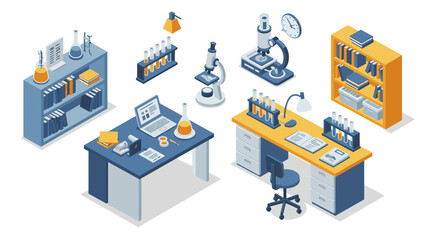 Obraz premium Isometric laboratory workspace with modern equipment and shelves for scientific research