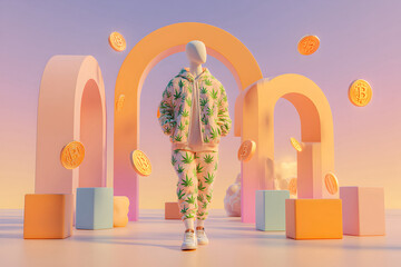 mannequin in cannabis tracksuit with floating crypto coins and pastel arches