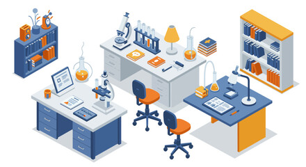Obraz premium Modern laboratory workspace in isometric design with scientific equipment and books