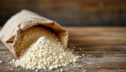 a close up of a bag of wheat flour sitting on a wooden table, the focus should be on the flour and the texture of the wooden table