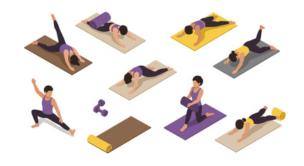 Isometric yoga poses set: diverse exercise mat workouts and fitness elements