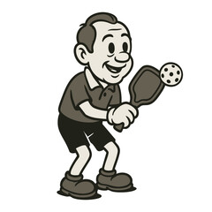 Pickleball player vintage cartoon grooyvy style, retro illustration of pickle ball game