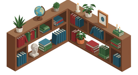 Modern isometric bookshelf with plants and decor elements