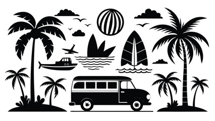 Various silhouettes of beach and surf items, featuring surfboards, beach towels, and sun hats on a neutral backdrop..eps