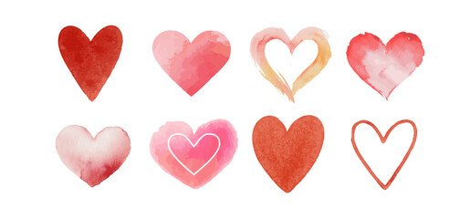 Watercolor hearts, love painted heart shapes
