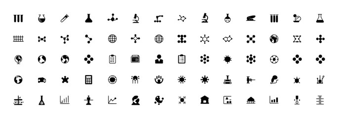 Collection of Science and Technology Icons: Chemistry, Biology, and Data Analysis